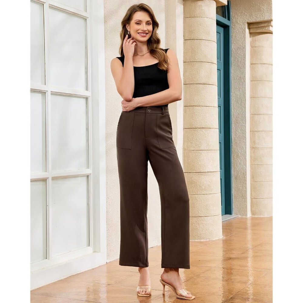Women's Chocolate Brown Polyester High Waisted Elastic Wide Leg Dress Pant - Picture 4 of 7